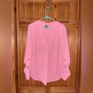 Soho Pink V-Neck Roll-Tab Sleeve Blouse